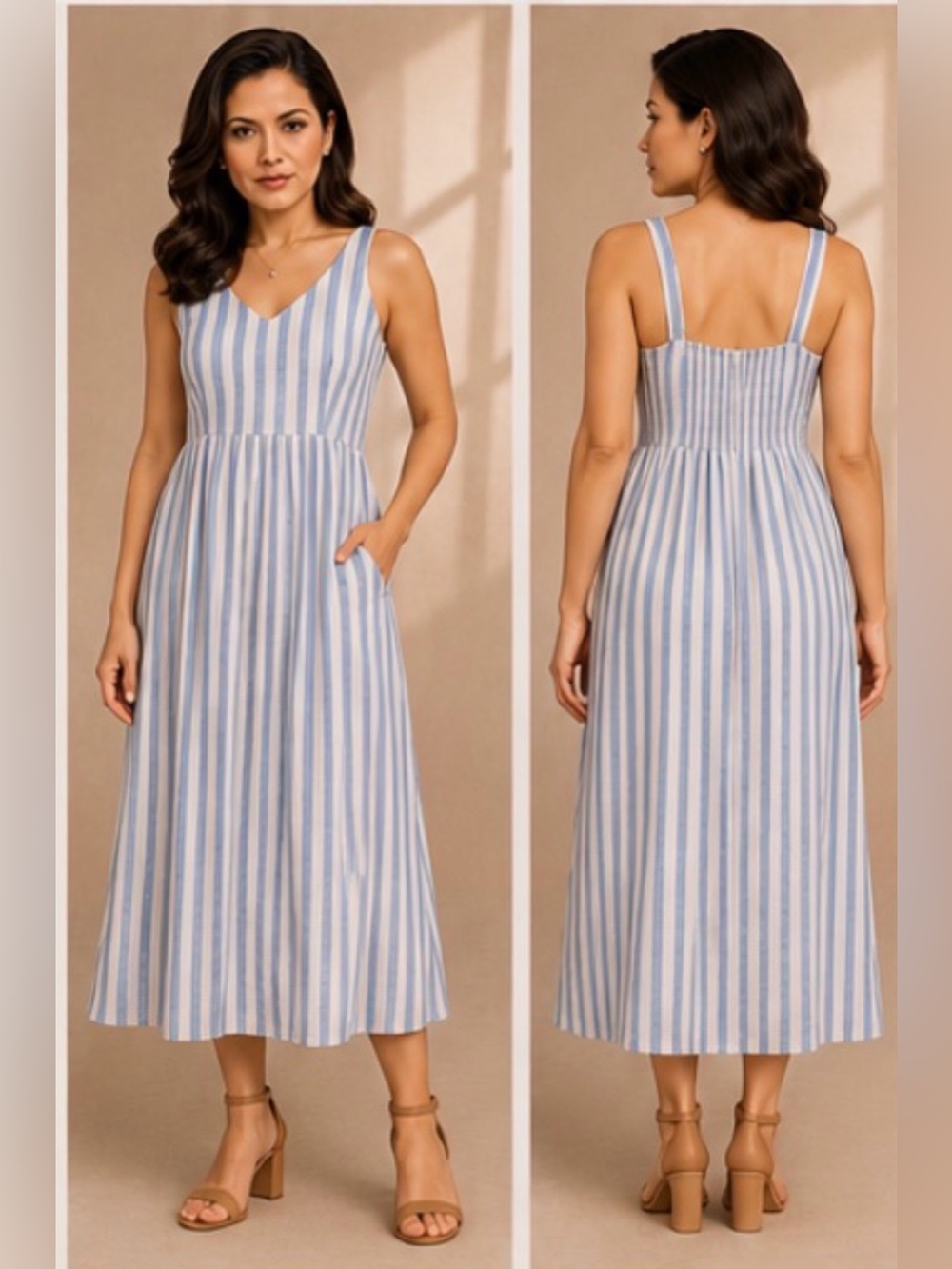 🆕 XL Tall Old Navy Blue White Stripe Linen Blend Maxi Dress 🩵Coastal Chic
